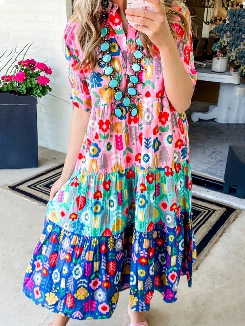 Mixed Color Casual Women's Multicolor Patchwork Floral Print Shirt Dress